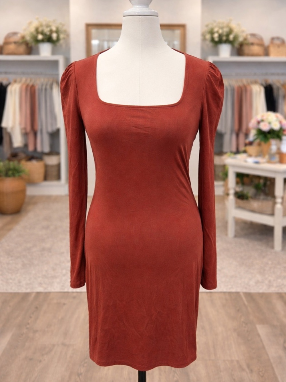 Ultra Flirt Ribbed Bodycon Mini Dress 1X Rust Square Neck Stretch